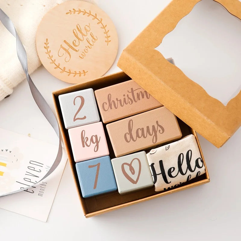 7Pcs Newborn Wooden Milestone Blocks, Birthing Monthly Milestones Blocks For Newborn