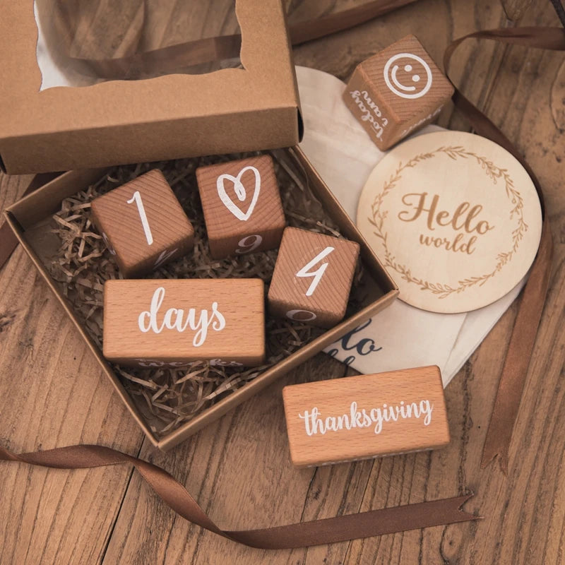 Set of Baby Month Milestone Card Beech Block ,Newborn Birthday Month Milestones Block