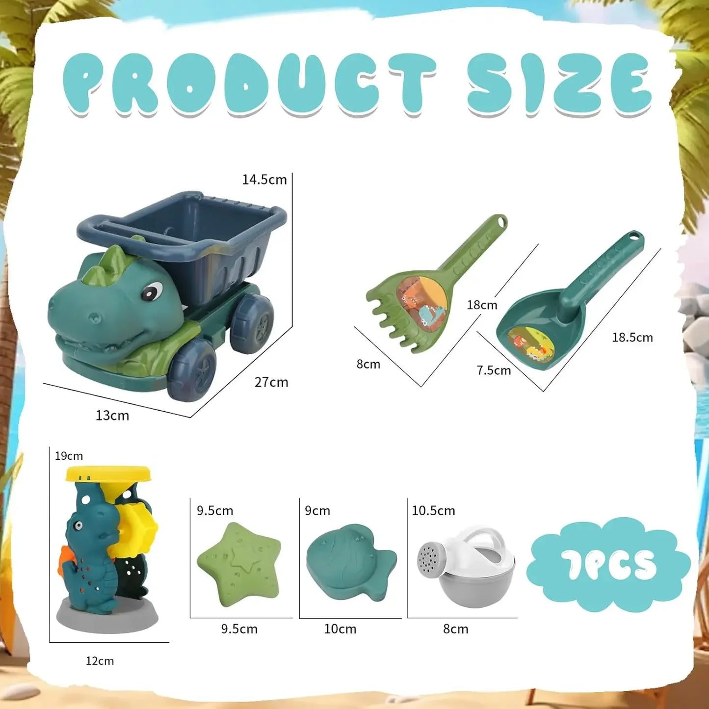 Dinosaur Beach Toy Car & Shovel Set, Sand Toys with Hourglass Dredger Fun Beach Activity