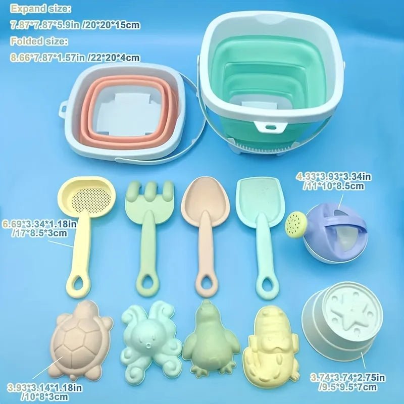 11 Piece Silicone Beach Bucket Play Set Kids Toy with Shovel Sand Moulds - LittleOzKid