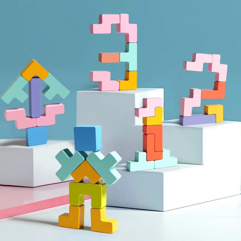 Montessori Wooden Tetris,3D Russian Budling Blocks, Jıgsaw Tangram Colorful Puzzle