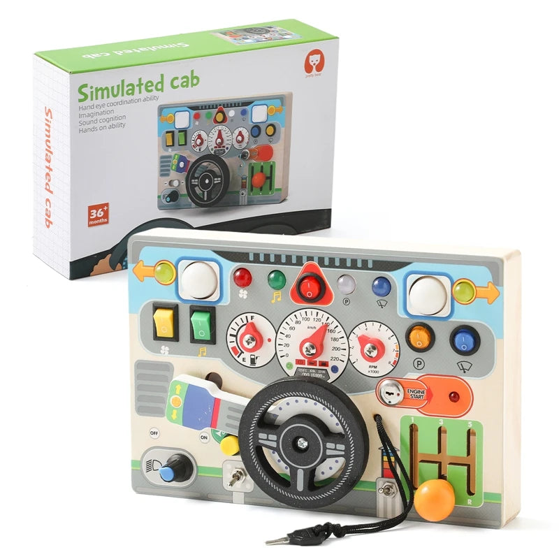 Montessori Wooden Busy Board Steering Wheel & Light Switch Sensory Toy, Toddler Travel Toy