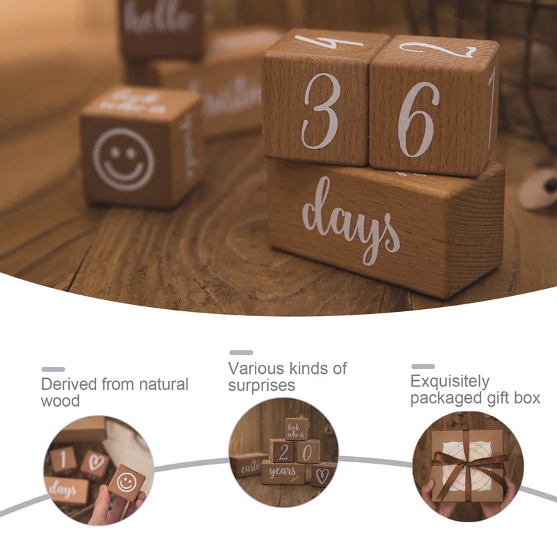 Set of Baby Month Milestone Card Beech Block ,Newborn Birthday Month Milestones Block