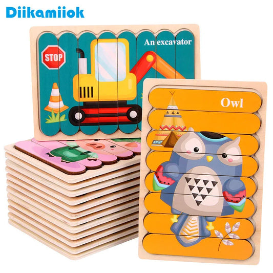 Double-Sided Wooden Word Strip Puzzle, Animal & Vehicle Montessori Matching Game (Buy 3 for $64)