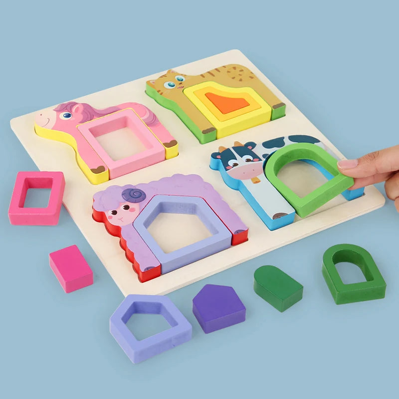 Montessori Wooden Animal Jigsaw Puzzle, Hand Grasping, Shape Sorting and Sensory Toy