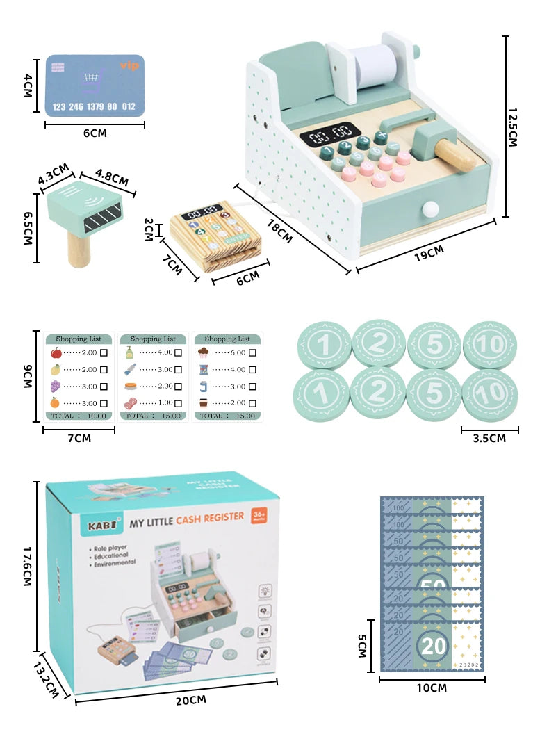 Wooden Supermarket Checkout Counter & Cash Register Toy, Kids Pretend Play Set