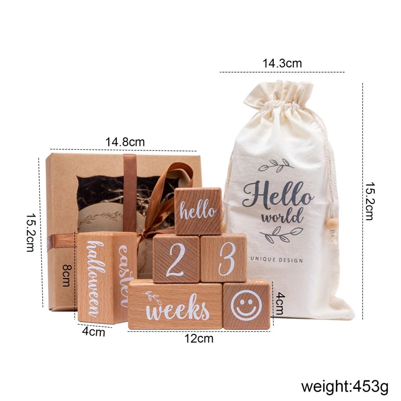Set of Baby Month Milestone Card Beech Block ,Newborn Birthday Month Milestones Block