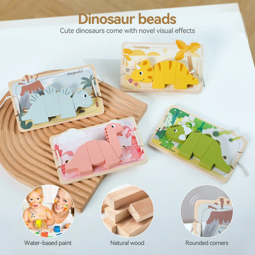 Wooden Montessori Dinosaur Beads Threading Toys for Babies