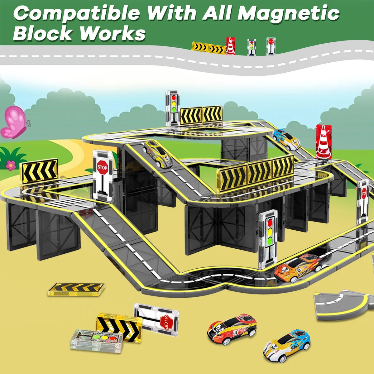 Montessori Magnetic Road Tiles Set – STEM Learning & Construction Blocks for Kids