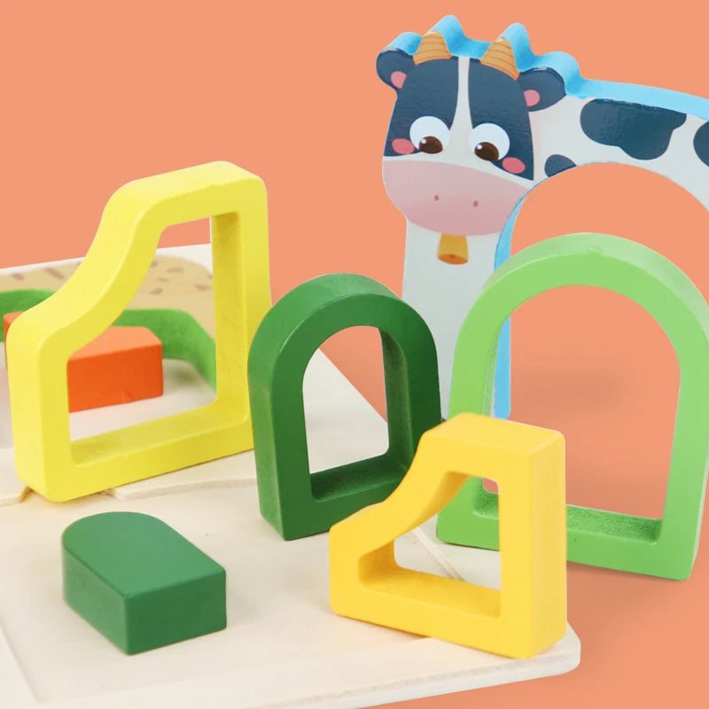 Montessori Wooden Animal Jigsaw Puzzle, Hand Grasping, Shape Sorting and Sensory Toy