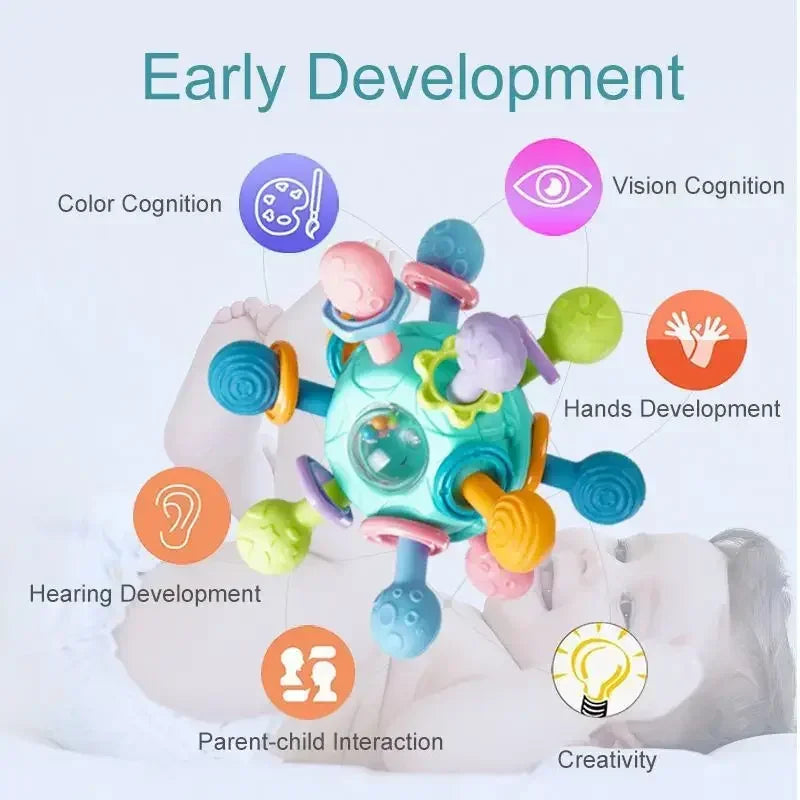 Baby Silicone Rotating Rattle Ball Grasping Activity, Teether Sensory Toys