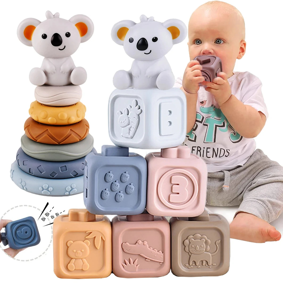 Baby Soft Silicone Stacking Tower Blocks, Bath Toy Ring Stacked for Toddlers - LittleOzKid