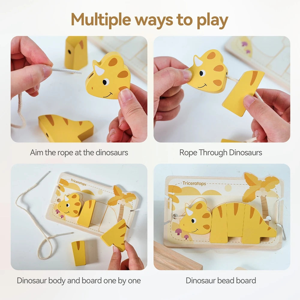 Wooden Montessori Dinosaur Beads Threading Toys for Babies