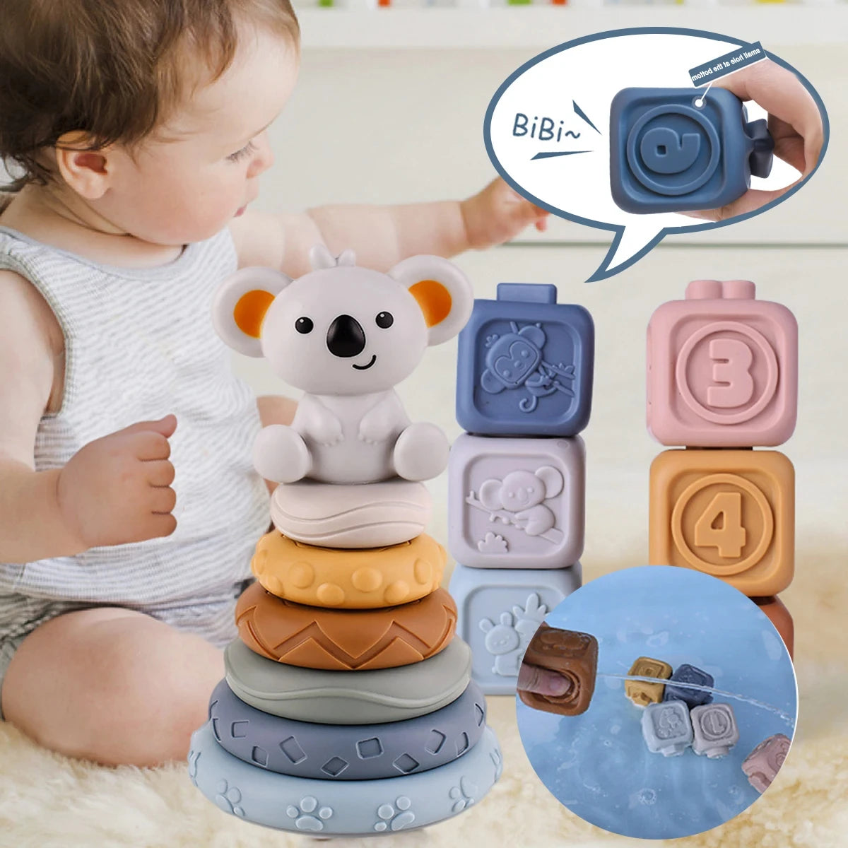 Baby Soft Silicone Stacking Tower Blocks, Bath Toy Ring Stacked for Toddlers - LittleOzKid