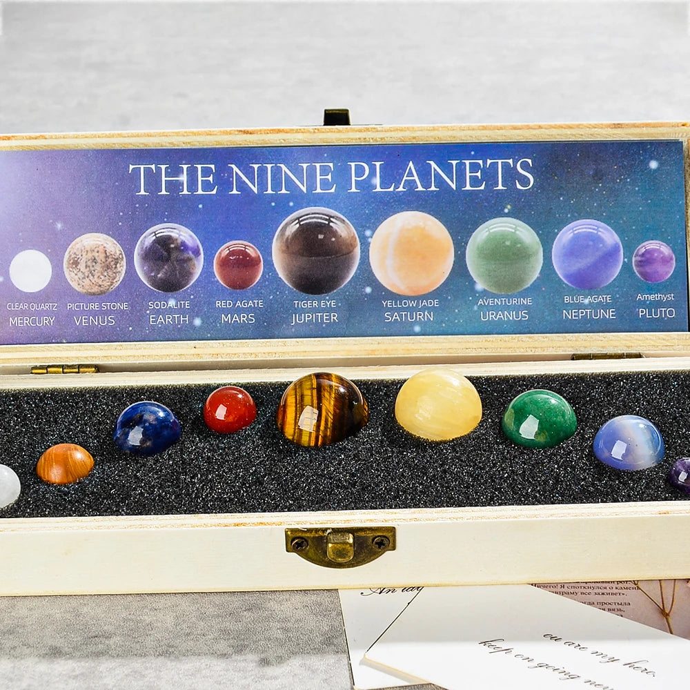 9 Planets Natural Gemstone Set, Crystals with Wooden Box