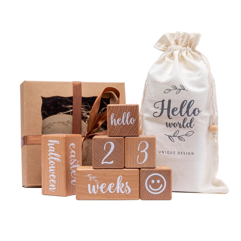 Set of Baby Month Milestone Card Beech Block ,Newborn Birthday Month Milestones Block
