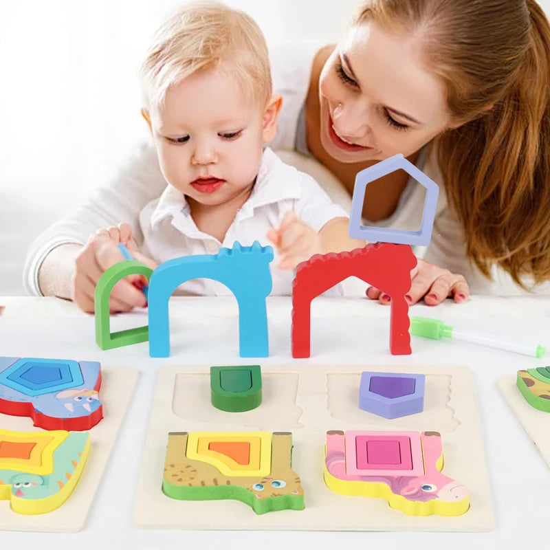 Montessori Wooden Animal Jigsaw Puzzle, Hand Grasping, Shape Sorting and Sensory Toy