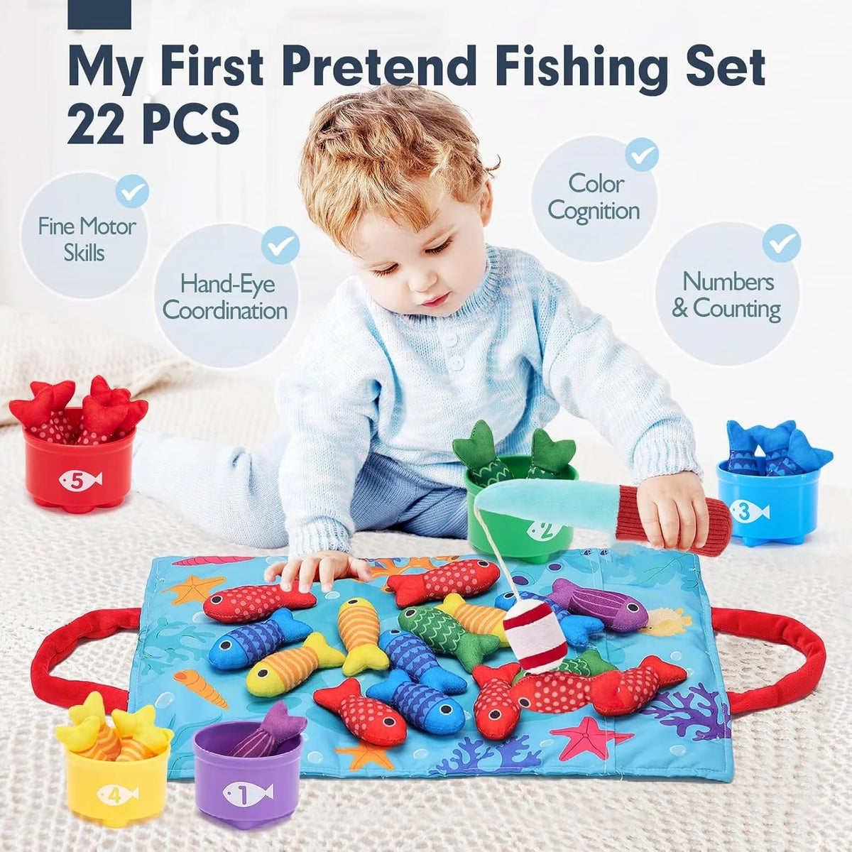 Montessori Toys for Toddler, Cloth Fishing Game with Stacking Cups
