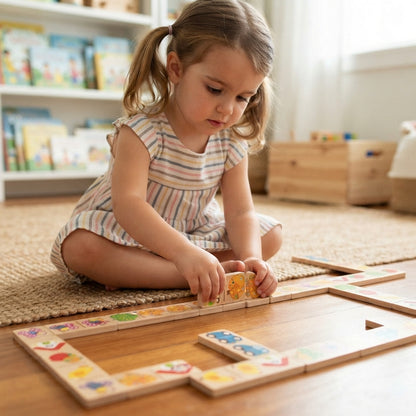 Wooden Animal & Fruit Domino Puzzle – Montessori Educational Stacking & Cognitive Learning Toy for Kids