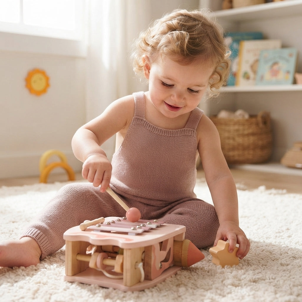 Montessori Wooden Activity Castle Cube & Musical Busy Box Toy