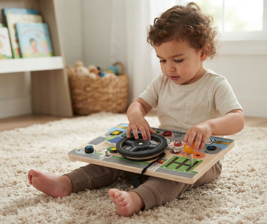 Montessori Wooden Busy Board Steering Wheel & Light Switch Sensory Toy, Toddler Travel Toy