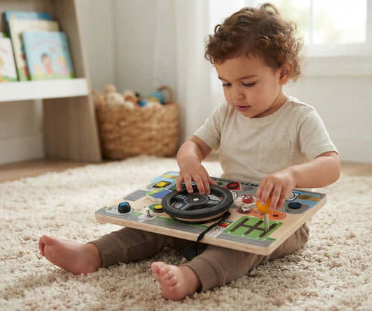 Montessori Wooden Busy Board Steering Wheel & Light Switch Sensory Toy, Toddler Travel Toy