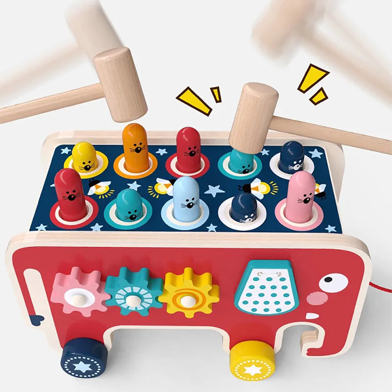 Wooden Elephant Whack-A-Mole Hammer Pounding Montessori Toddler Game