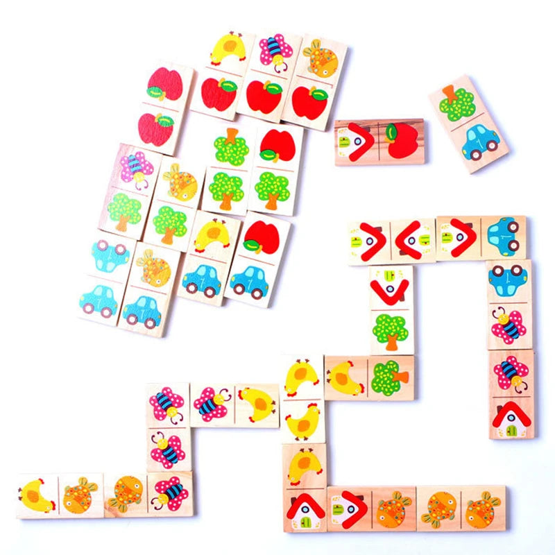 Wooden Animal & Fruit Domino Puzzle – Montessori Educational Stacking & Cognitive Learning Toy for Kids