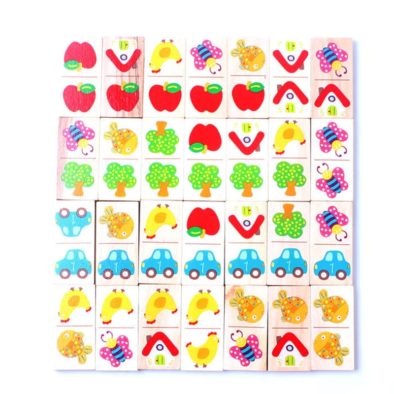 Wooden Animal & Fruit Domino Puzzle – Montessori Educational Stacking & Cognitive Learning Toy for Kids