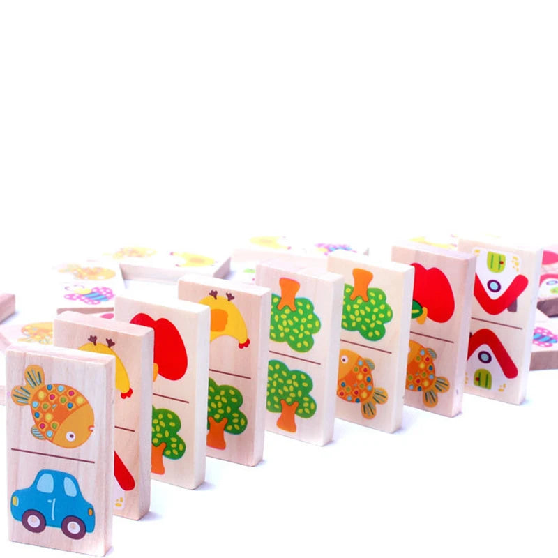 Wooden Animal & Fruit Domino Puzzle – Montessori Educational Stacking & Cognitive Learning Toy for Kids