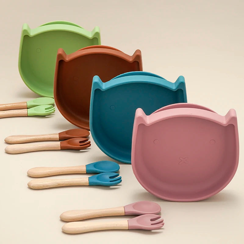 BPA-free Silicone Baby Toddler Feeding Set Plate with Spoon (Dishwasher Safe)