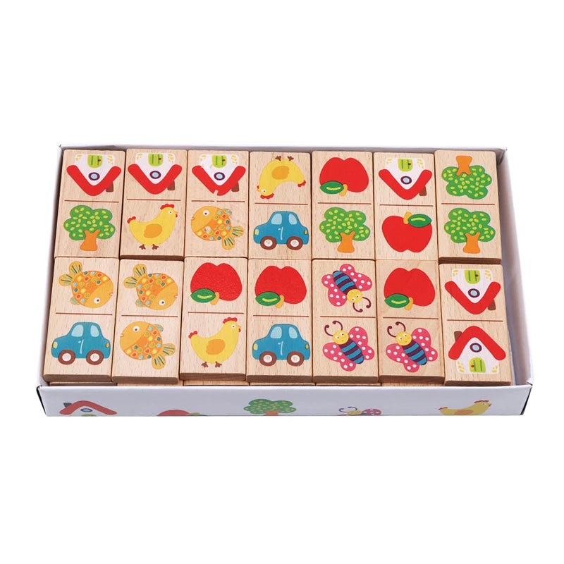 Wooden Animal & Fruit Domino Puzzle – Montessori Educational Stacking & Cognitive Learning Toy for Kids