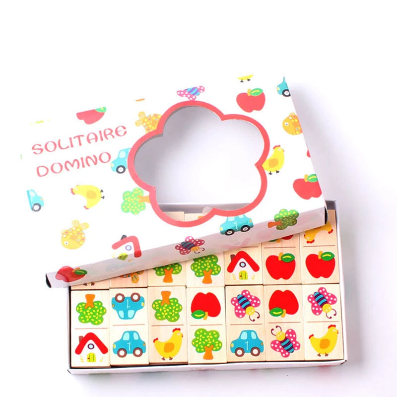 Wooden Animal & Fruit Domino Puzzle – Montessori Educational Stacking & Cognitive Learning Toy for Kids