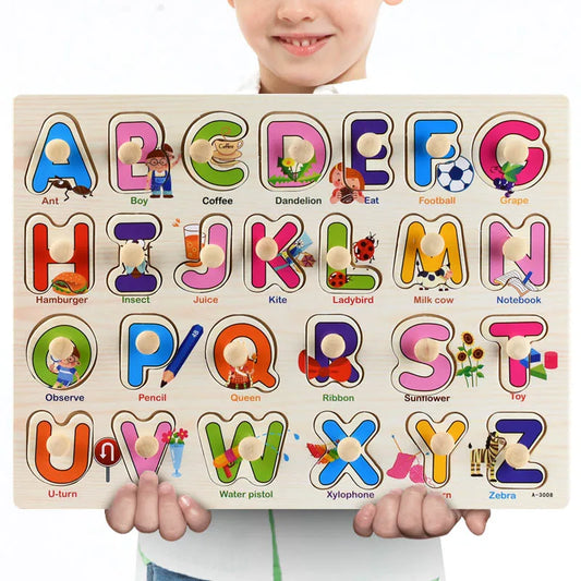 Wooden Alphabets, Numbers & Shapes Jigsaw Puzzle, Hand Grab Boards Toys