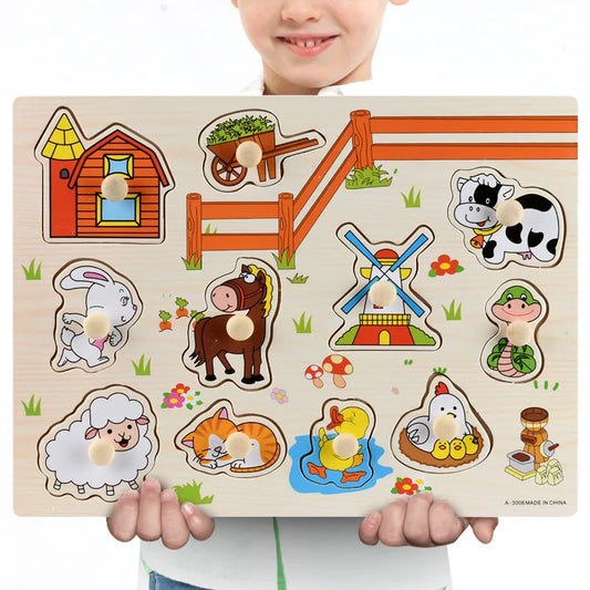 Wooden Animals & Vehicles Jigsaw Puzzles Hand Grab Learning Boards Toy