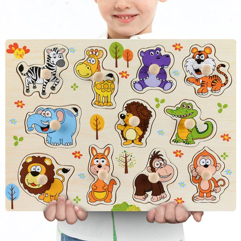 Wooden Animals & Vehicles Jigsaw Puzzles Hand Grab Learning Boards Toy