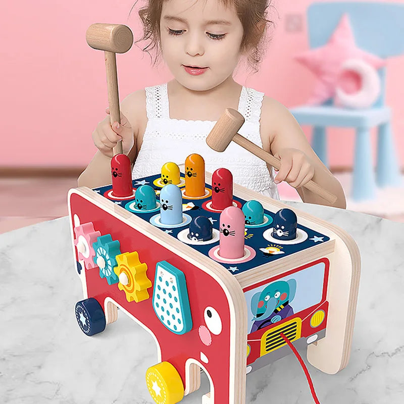 Wooden Elephant Whack-A-Mole Hammer Pounding Toy,Montessori Activity Game