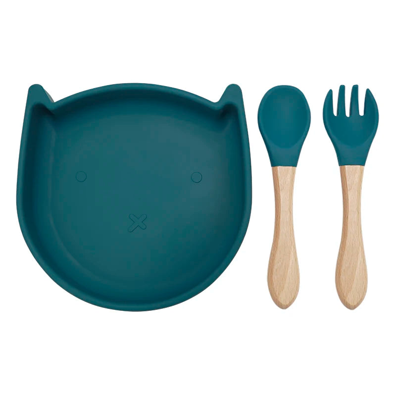 BPA-free Silicone Baby Toddler Feeding Set Plate with Spoon (Dishwasher Safe)