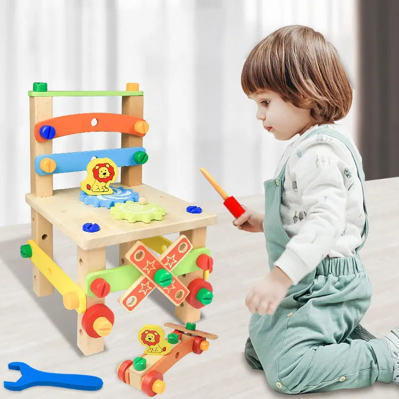 DYI Wooden Montessori Assembling Chair Educational Toy, DIY Nut Screws Tools