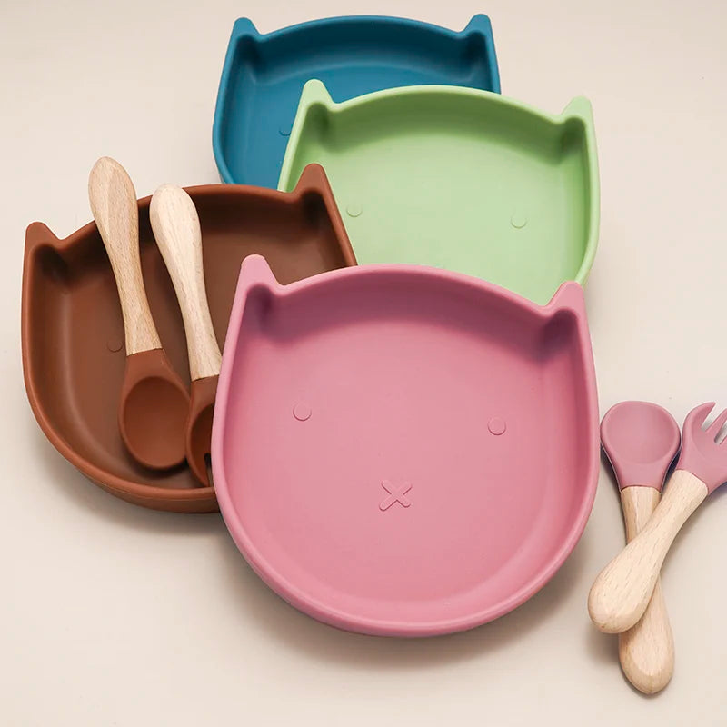 BPA-free Silicone Baby Toddler Feeding Set Plate with Spoon (Dishwasher Safe)