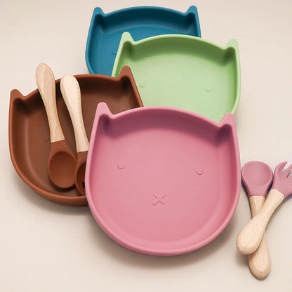 BPA-free Silicone Baby Toddler Feeding Set Plate with Spoon (Dishwasher Safe)