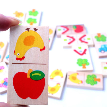 Wooden Animal & Fruit Domino Puzzle – Montessori Educational Stacking & Cognitive Learning Toy for Kids