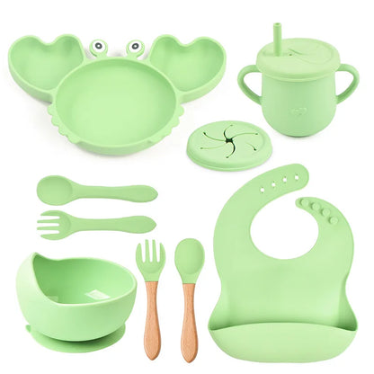 9Pcs Silicone Baby Feeding Set Dishwasher Safe Suction Bowl Bib Plate Spoon Cup (BPA Free) - LittleOzKid