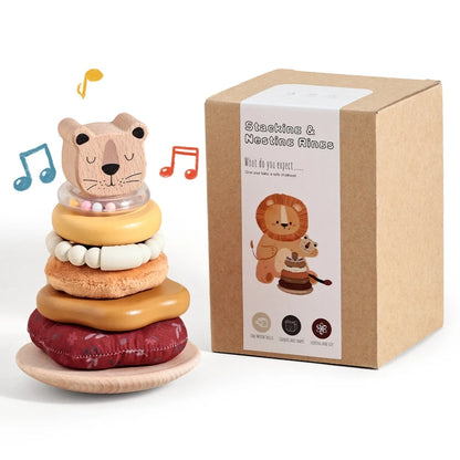 Montessori Wooden Stacking Pole Toy, Sensory Building Game with Soft Cotton Teether & Rattle