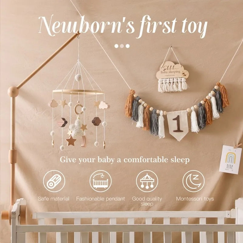 Baby Rattle Nursery Wooden Crib,Cot Hanging Toy Mobile with Music Box and Bed Bell