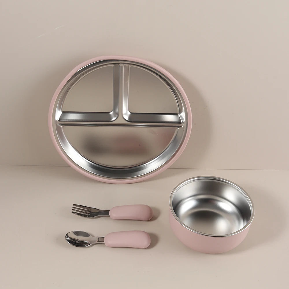 4PCS Stainless Steel Baby Feeding Set with Silicone Bowl