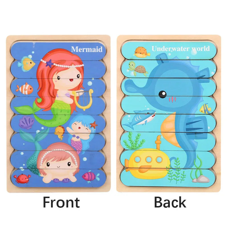 Montessori Cartoon Animal Double-Sided Wooden Strip Puzzle – (Buy 3 for $49)