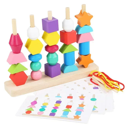 5-in-1 Montessori Wooden Pillar Toy Set – Color, Shape, Sorting & Beading Educational Game for Kids