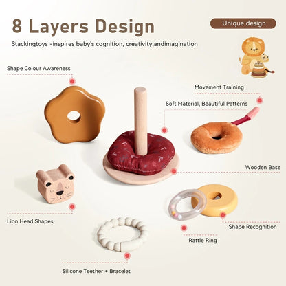 Montessori Wooden Stacking Pole Toy, Sensory Building Game with Soft Cotton Teether & Rattle