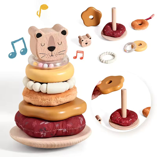 Montessori Wooden Stacking Pole Toy, Sensory Building Game with Soft Cotton Teether & Rattle